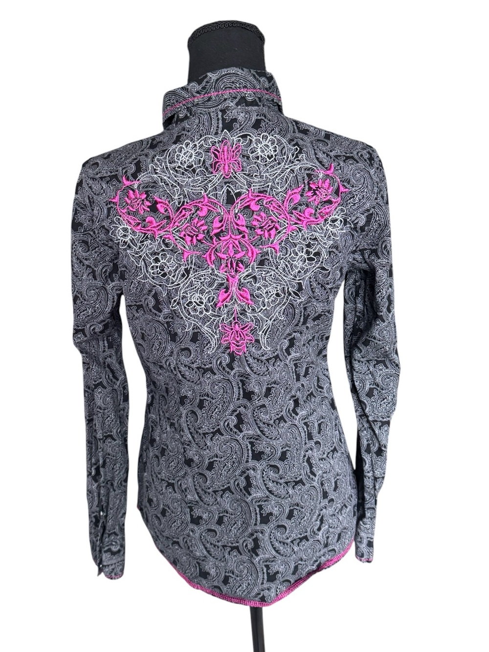 Roper Western Snap Shirt S Black Paisley Pink Embroidered Rodeo Y2K - Picture 3 of 8